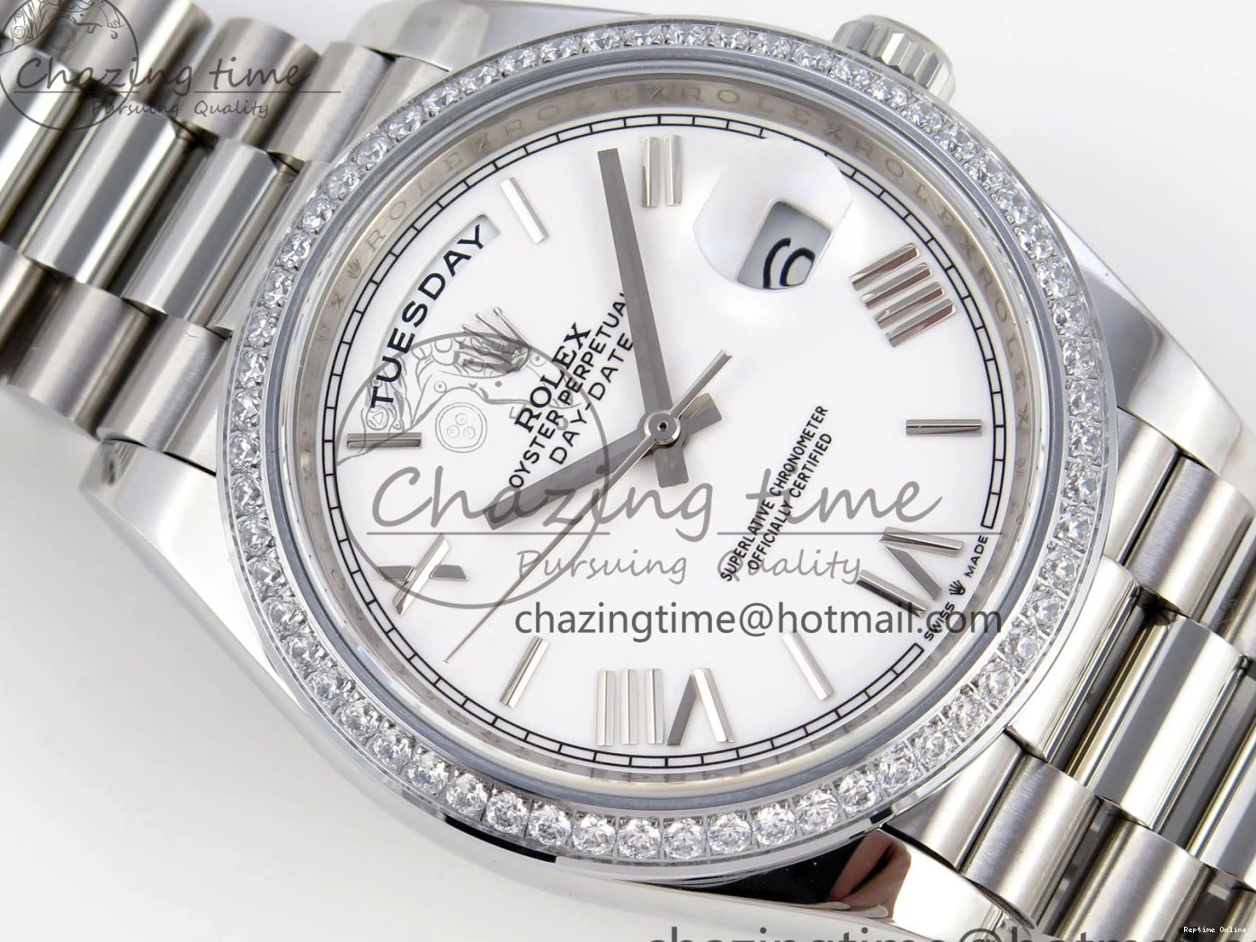 1224 DayDate 40 SS GSF Gain Weight White Roman Dial Diamonds Bezel on President Bracelet A Sustainable 1920